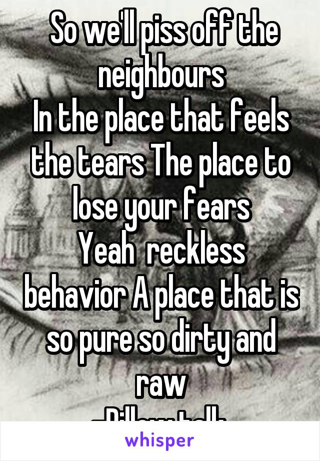  So we'll piss off the neighbours
In the place that feels the tears The place to lose your fears
Yeah  reckless behavior A place that is so pure so dirty and raw
-Pillow talk 