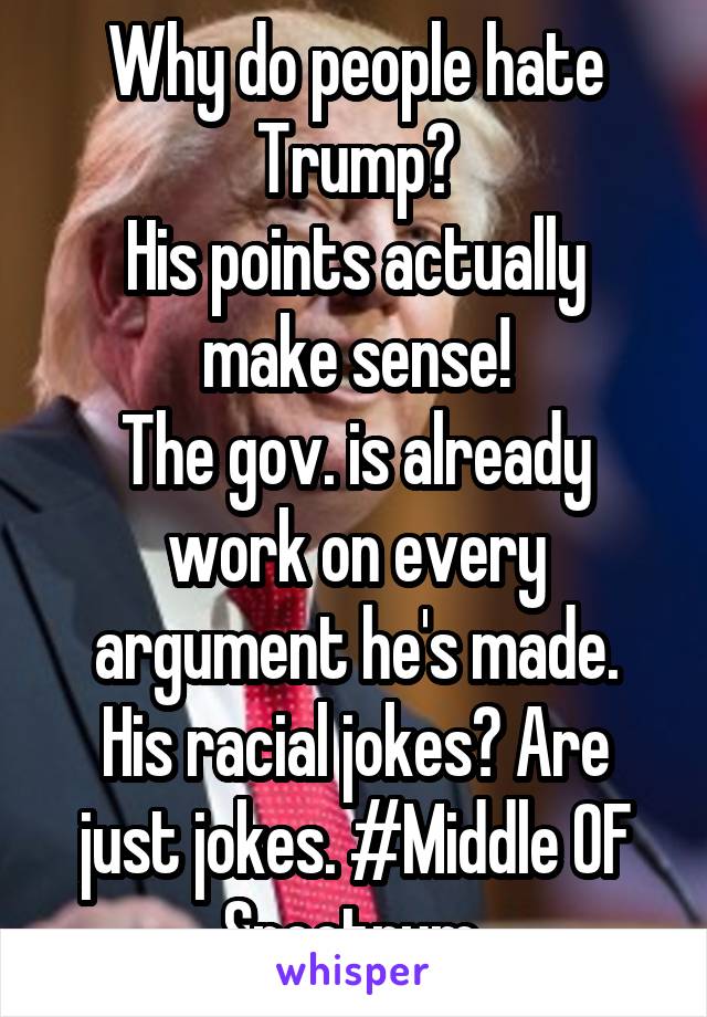 Why do people hate Trump?
His points actually make sense!
The gov. is already work on every argument he's made.
His racial jokes? Are just jokes. #Middle OF Spectrum 