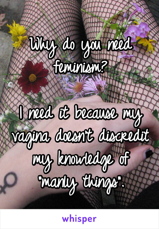 Why do you need feminism?

I need it because my vagina doesn't discredit my knowledge of "manly things".