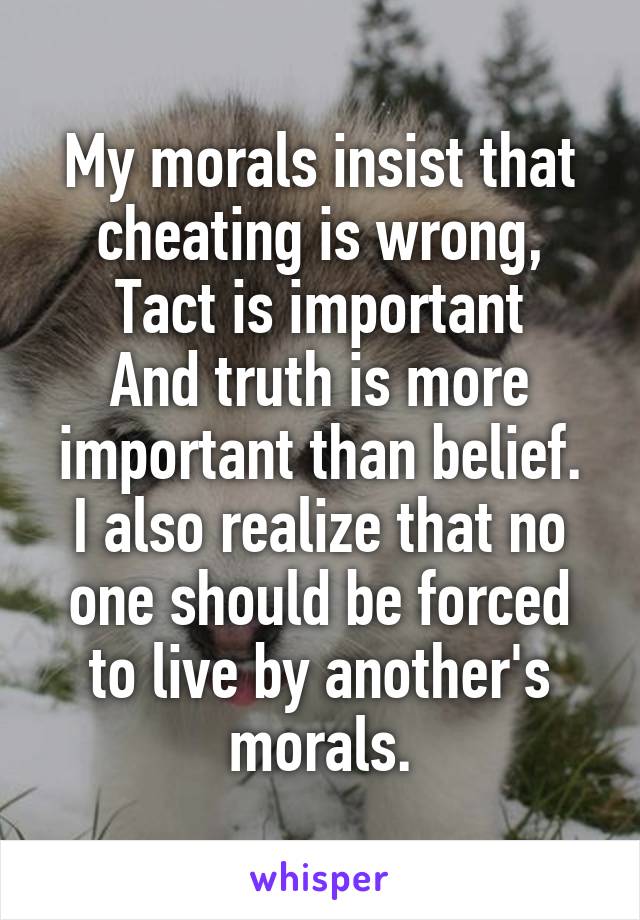 My morals insist that cheating is wrong,
Tact is important
And truth is more important than belief.
I also realize that no one should be forced to live by another's morals.