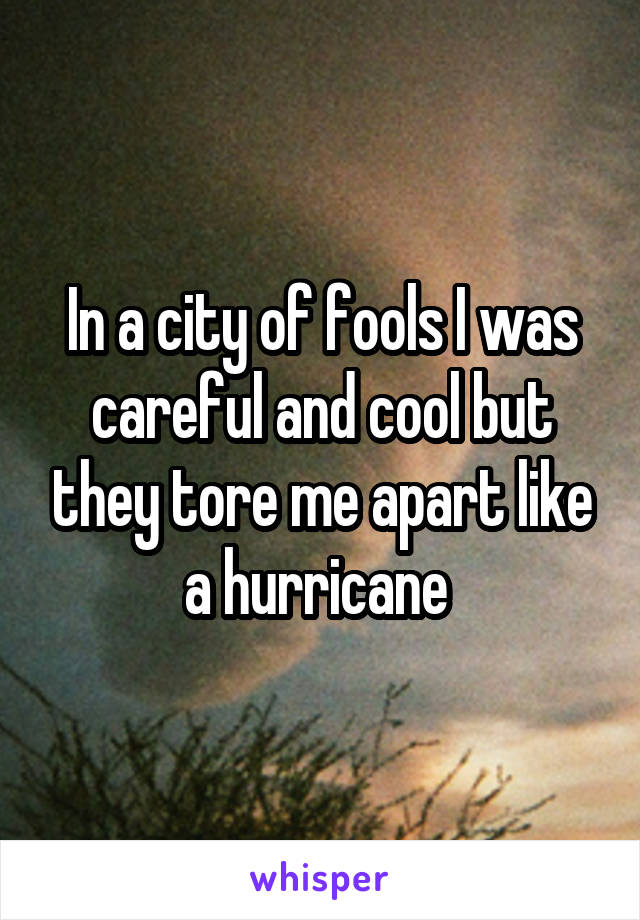 In a city of fools I was careful and cool but they tore me apart like a hurricane 