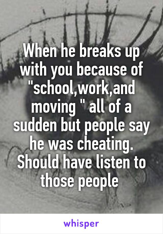 When he breaks up with you because of "school,work,and moving " all of a sudden but people say he was cheating. Should have listen to those people 