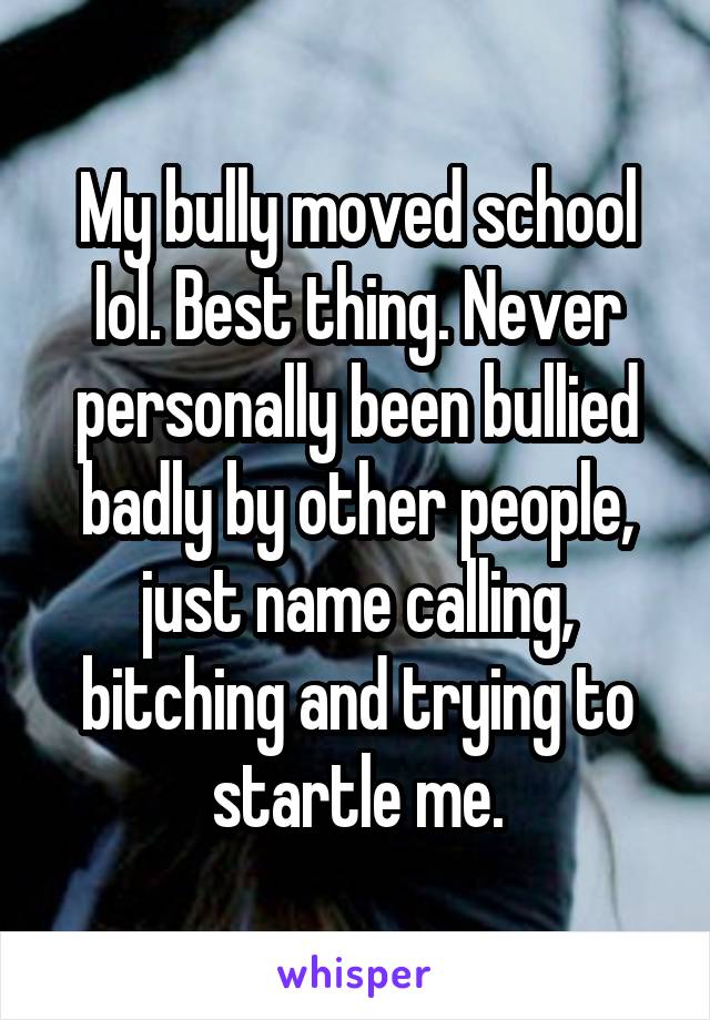 My bully moved school lol. Best thing. Never personally been bullied badly by other people, just name calling, bitching and trying to startle me.