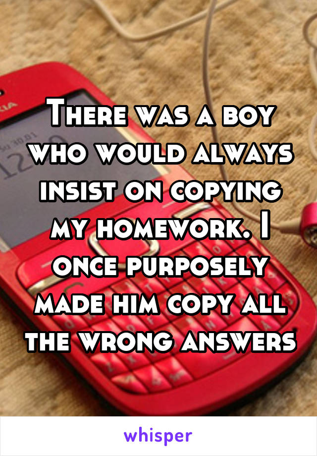 There was a boy who would always insist on copying my homework. I once purposely made him copy all the wrong answers