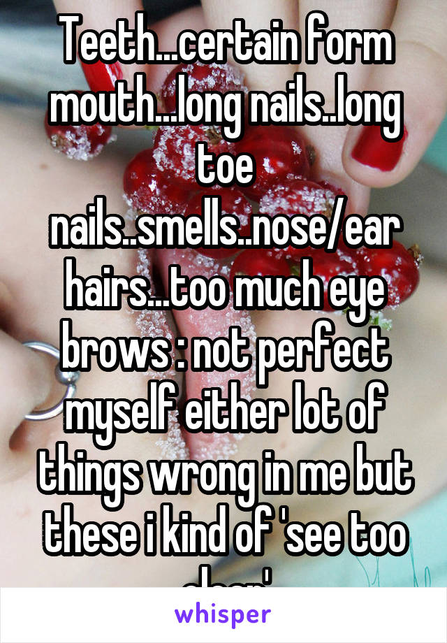 Teeth...certain form mouth...long nails..long toe nails..smells..nose/ear hairs...too much eye brows : not perfect myself either lot of things wrong in me but these i kind of 'see too clear'