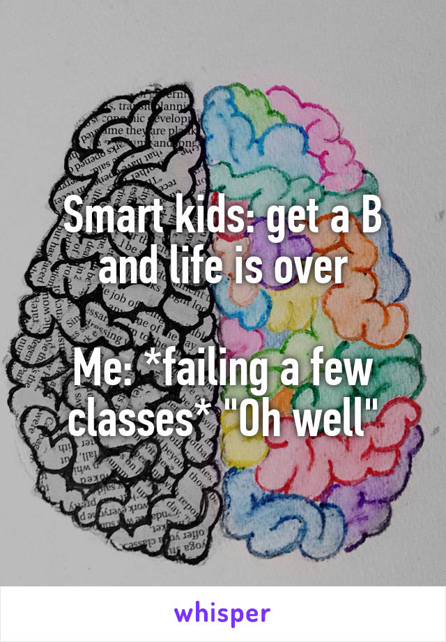 Smart kids: get a B and life is over

Me: *failing a few classes* "Oh well"