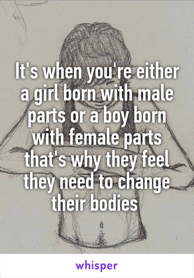 It's when you're either a girl born with male parts or a boy born with female parts that's why they feel they need to change their bodies 