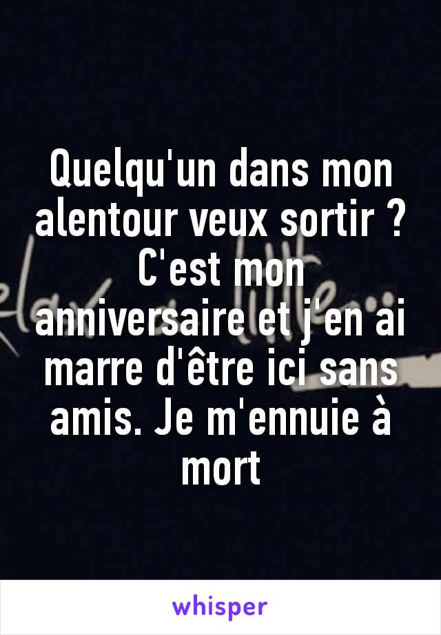 Quelqu'un dans mon alentour veux sortir ? C'est mon anniversaire et j'en ai marre d'être ici sans amis. Je m'ennuie à mort