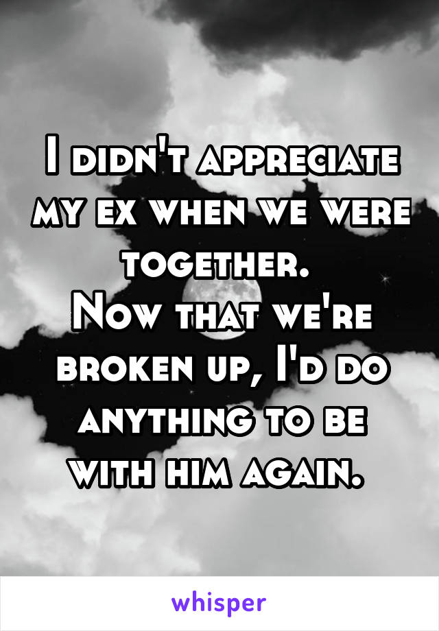 I didn't appreciate my ex when we were together. 
Now that we're broken up, I'd do anything to be with him again. 