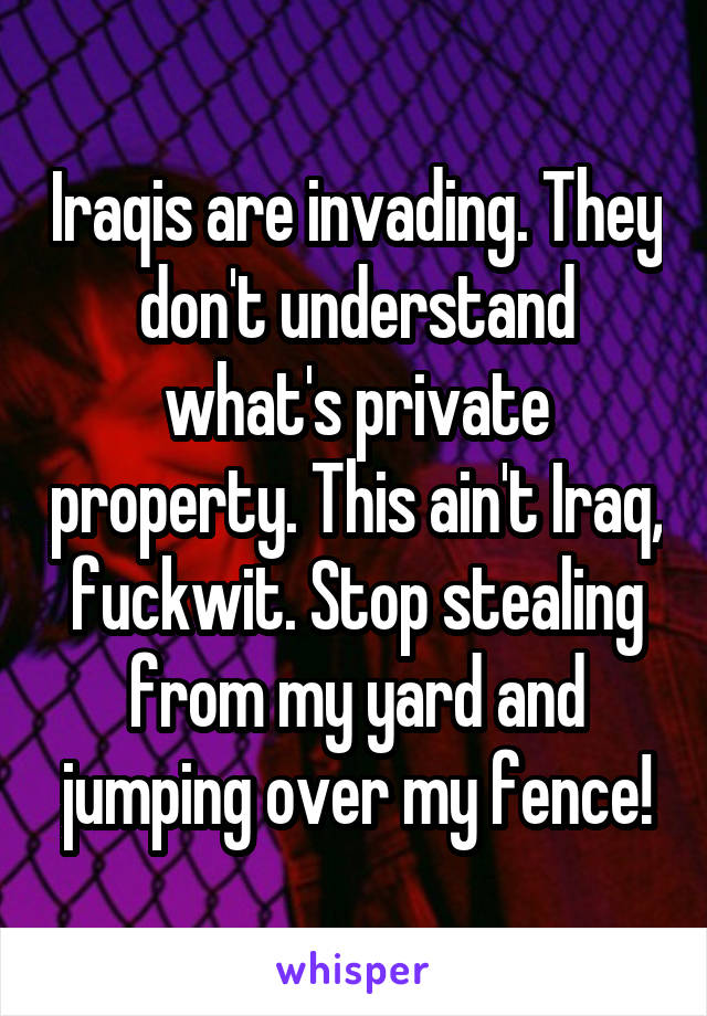 Iraqis are invading. They don't understand what's private property. This ain't Iraq, fuckwit. Stop stealing from my yard and jumping over my fence!