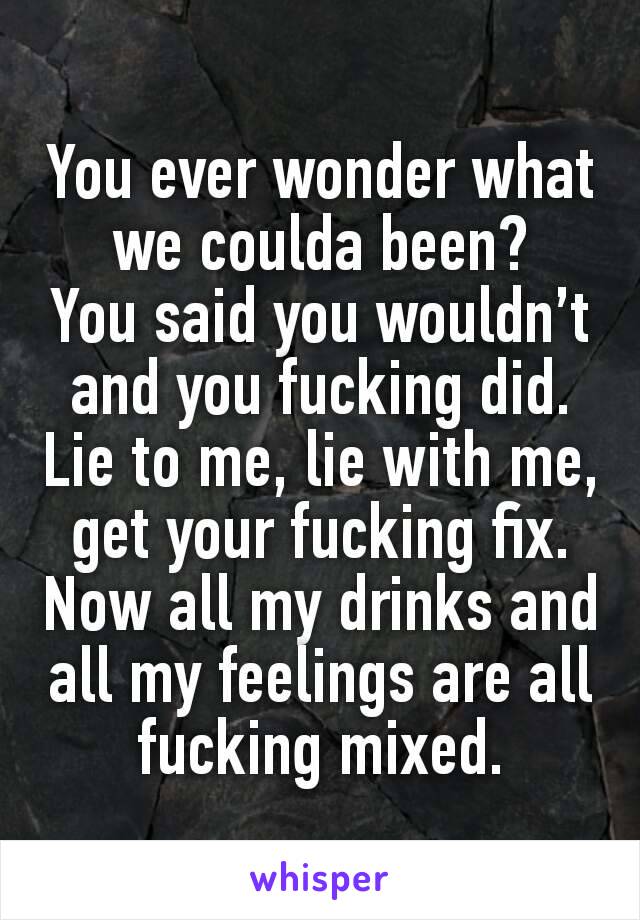 You ever wonder what we coulda been?
You said you wouldn’t and you fucking did.
Lie to me, lie with me, get your fucking fix.
Now all my drinks and all my feelings are all fucking mixed.