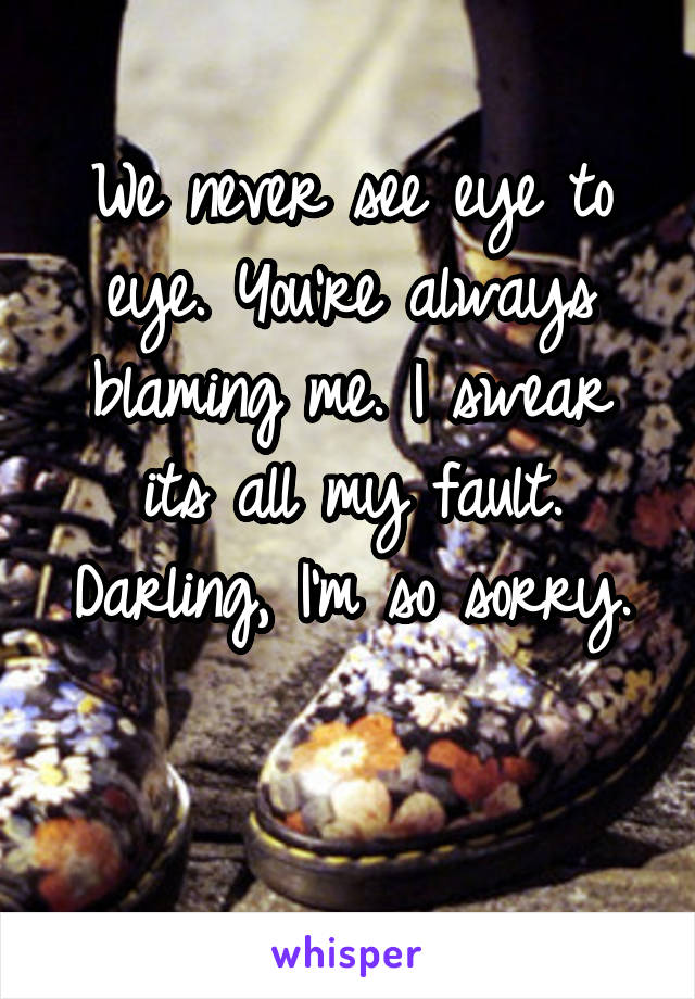 We never see eye to eye. You're always blaming me. I swear its all my fault. Darling, I'm so sorry.

