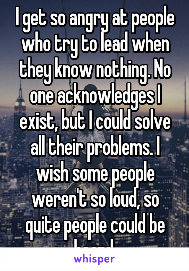 I get so angry at people who try to lead when they know nothing. No one acknowledges I exist, but I could solve all their problems. I wish some people weren't so loud, so quite people could be heard.