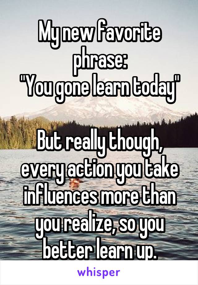 My new favorite phrase:
"You gone learn today"

But really though, every action you take influences more than you realize, so you better learn up.