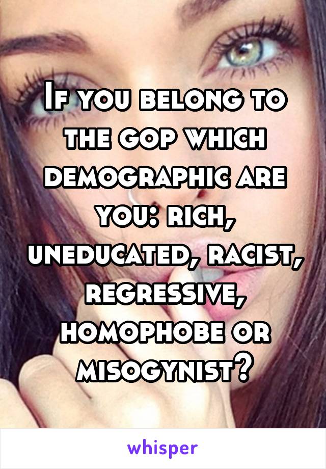 If you belong to the gop which demographic are you: rich, uneducated, racist, regressive, homophobe or misogynist?