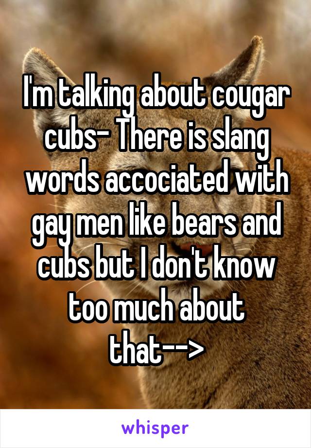 I'm talking about cougar cubs- There is slang words accociated with gay men like bears and cubs but I don't know too much about that-->