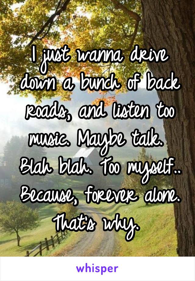 I just wanna drive down a bunch of back roads, and listen too music. Maybe talk. 
Blah blah. Too myself.. Because, forever alone. That's why. 