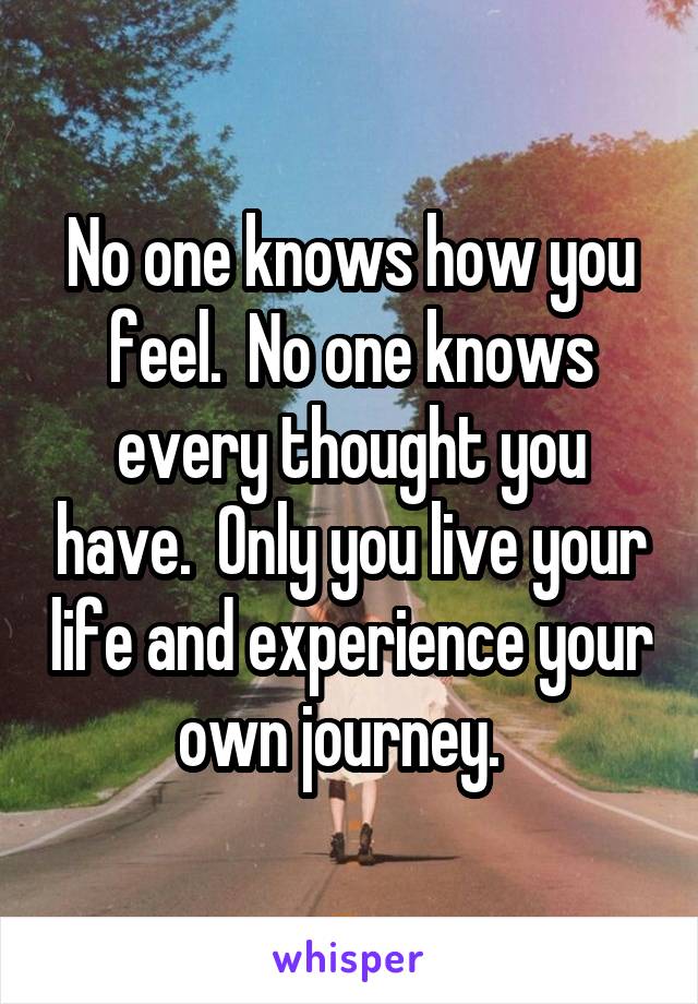 No one knows how you feel.  No one knows every thought you have.  Only you live your life and experience your own journey.  