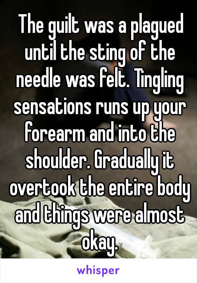  The guilt was a plagued until the sting of the needle was felt. Tingling sensations runs up your forearm and into the shoulder. Gradually it overtook the entire body and things were almost okay.