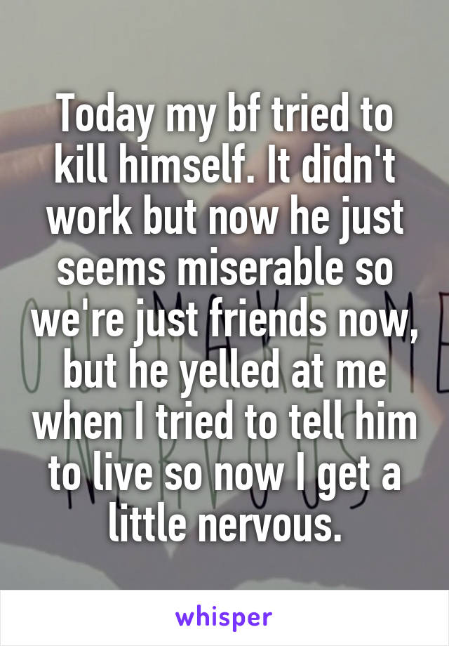 Today my bf tried to kill himself. It didn't work but now he just seems miserable so we're just friends now, but he yelled at me when I tried to tell him to live so now I get a little nervous.