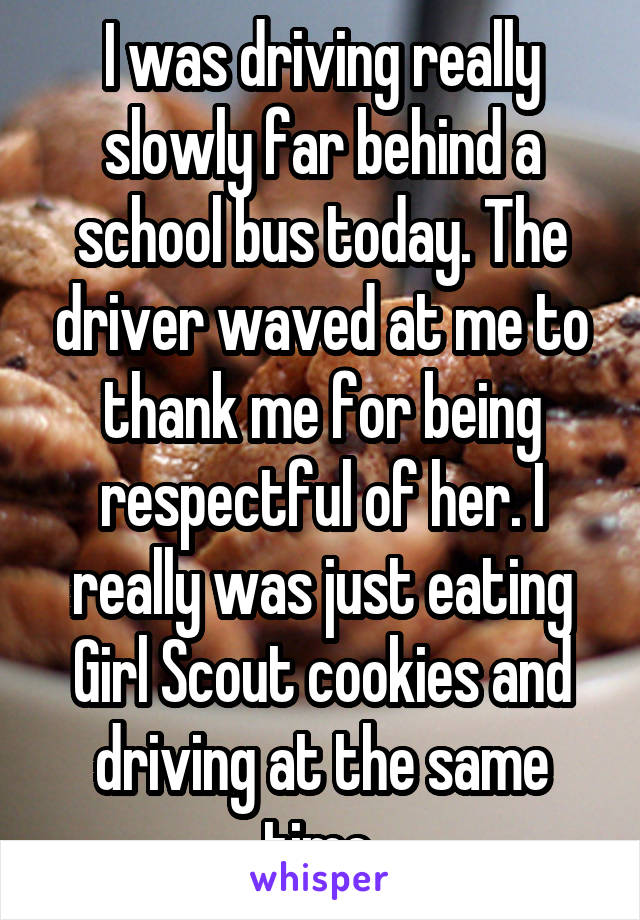 I was driving really slowly far behind a school bus today. The driver waved at me to thank me for being respectful of her. I really was just eating Girl Scout cookies and driving at the same time.