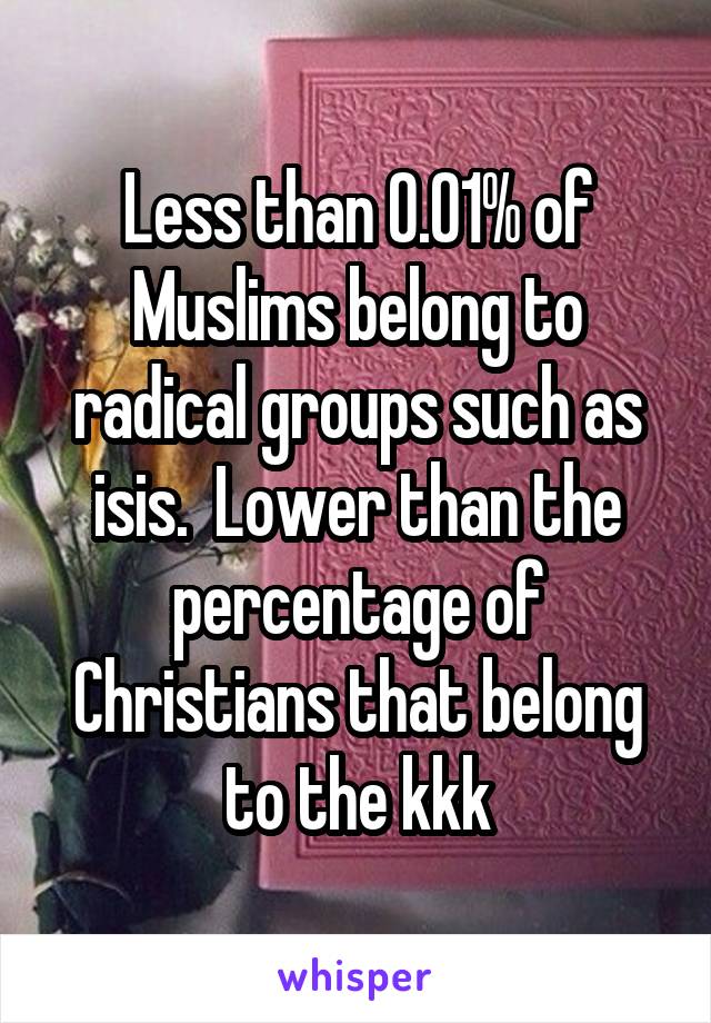 Less than 0.01% of Muslims belong to radical groups such as isis.  Lower than the percentage of Christians that belong to the kkk