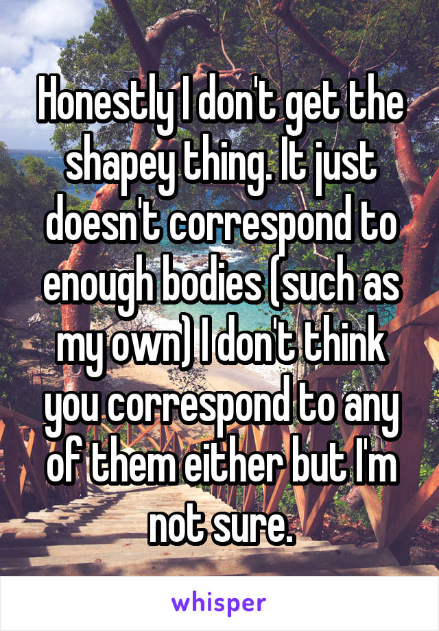 Honestly I don't get the shapey thing. It just doesn't correspond to enough bodies (such as my own) I don't think you correspond to any of them either but I'm not sure.