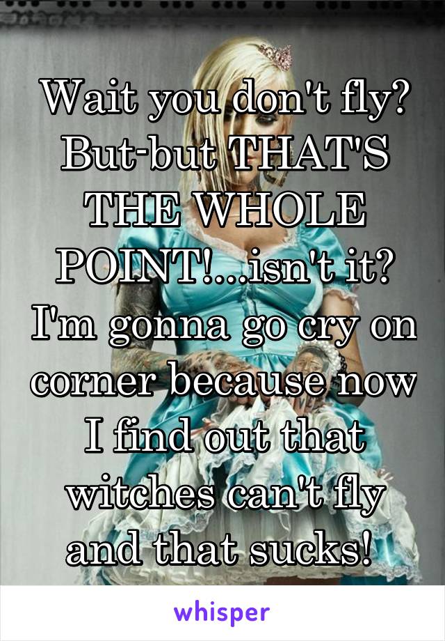 Wait you don't fly? But-but THAT'S THE WHOLE POINT!...isn't it? I'm gonna go cry on corner because now I find out that witches can't fly and that sucks! 