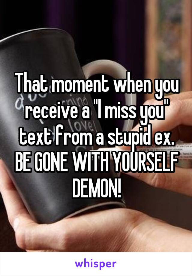 That moment when you receive a "I miss you" text from a stupid ex. BE GONE WITH YOURSELF DEMON!