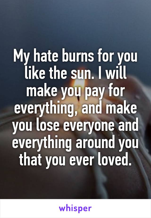 My hate burns for you like the sun. I will make you pay for everything, and make you lose everyone and everything around you that you ever loved.