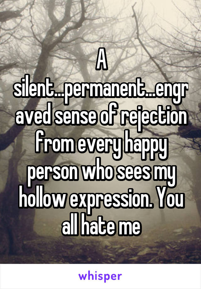 A silent...permanent...engraved sense of rejection from every happy person who sees my hollow expression. You all hate me