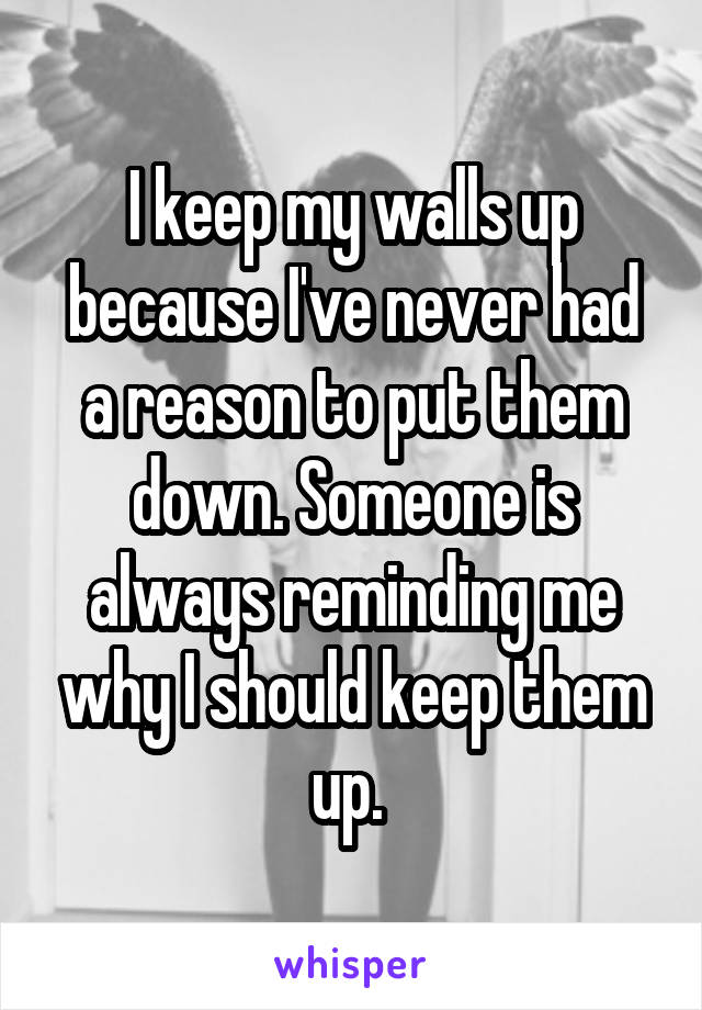 I keep my walls up because I've never had a reason to put them down. Someone is always reminding me why I should keep them up. 