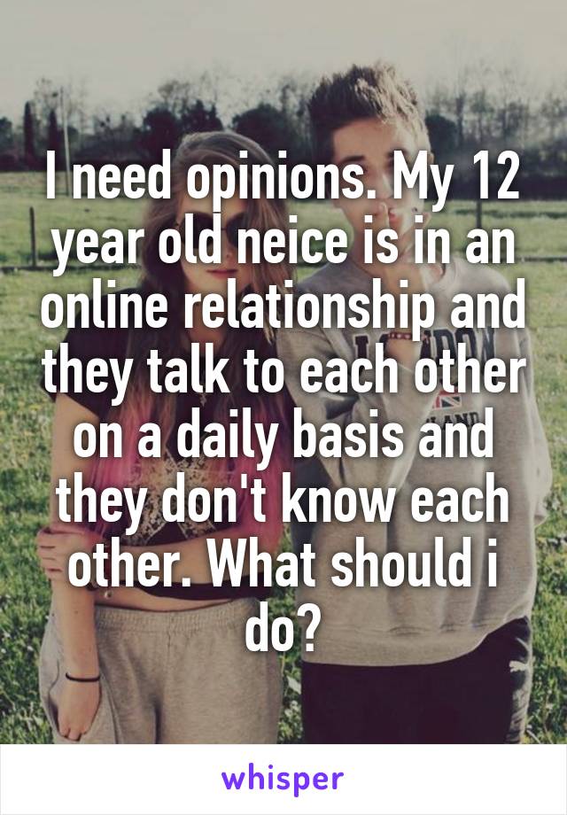 I need opinions. My 12 year old neice is in an online relationship and they talk to each other on a daily basis and they don't know each other. What should i do?