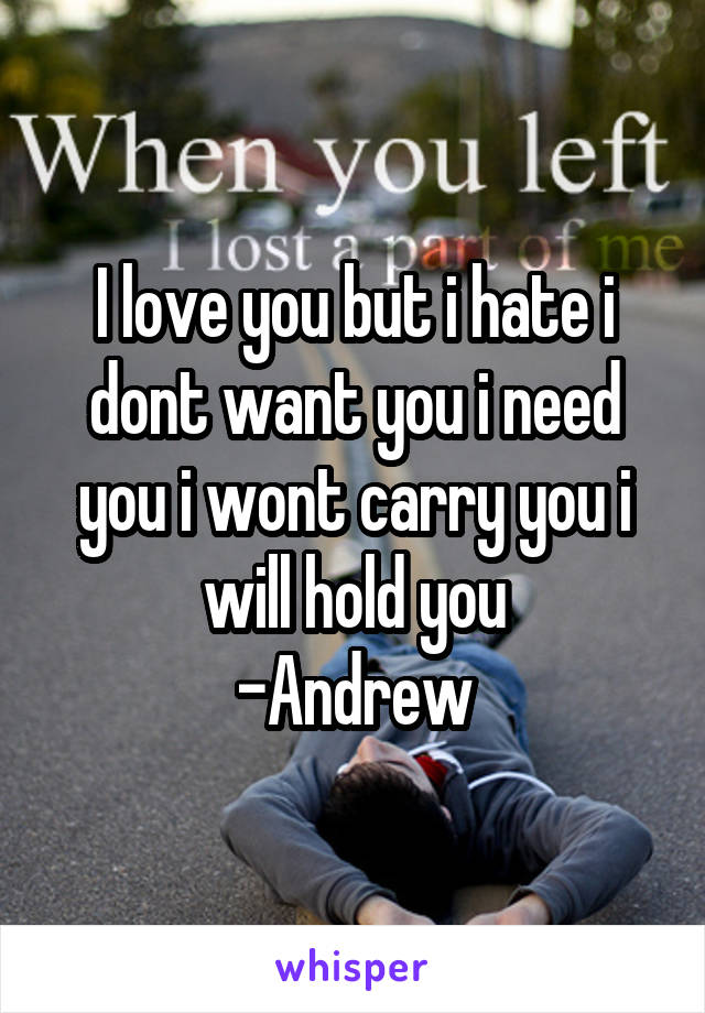 I love you but i hate i dont want you i need you i wont carry you i will hold you
-Andrew