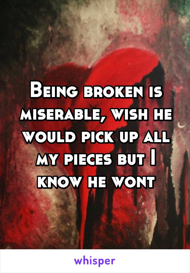 Being broken is miserable, wish he would pick up all my pieces but I know he wont