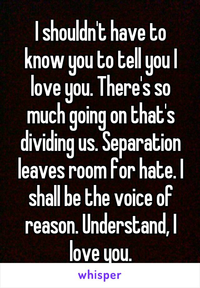 I shouldn't have to know you to tell you I love you. There's so much going on that's dividing us. Separation leaves room for hate. I shall be the voice of reason. Understand, I love you.