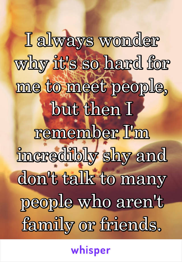 I always wonder why it's so hard for me to meet people, but then I remember I'm incredibly shy and don't talk to many people who aren't family or friends.