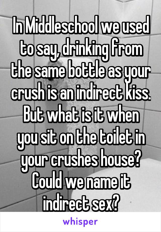 In Middleschool we used to say, drinking from the same bottle as your crush is an indirect kiss.
But what is it when you sit on the toilet in your crushes house?
Could we name it indirect sex?