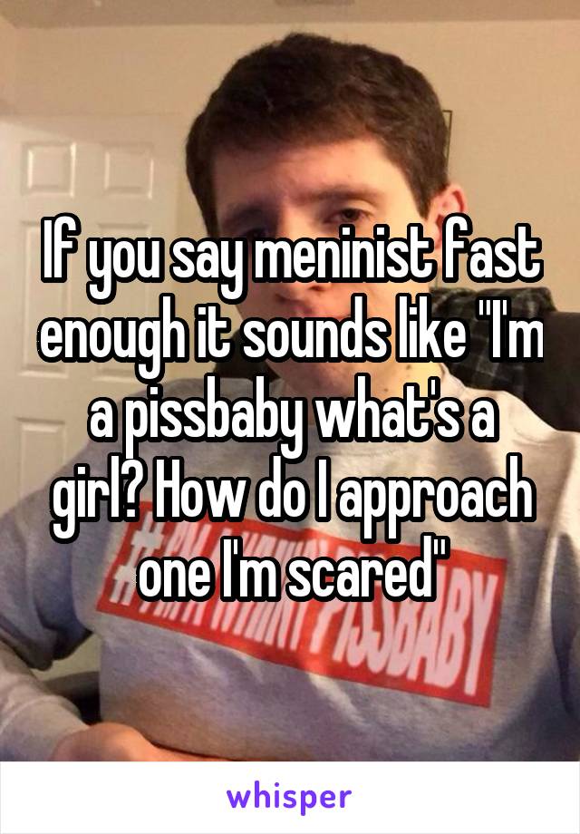 If you say meninist fast enough it sounds like "I'm a pissbaby what's a girl? How do I approach one I'm scared"