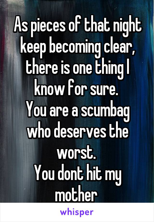 As pieces of that night keep becoming clear, there is one thing I know for sure. 
You are a scumbag who deserves the worst. 
You dont hit my mother 