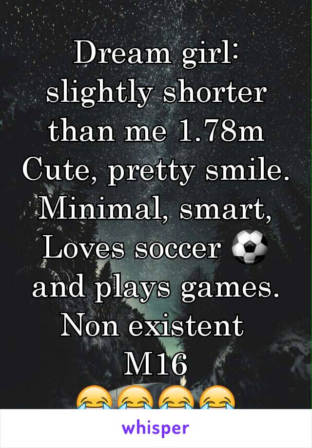 Dream girl: slightly shorter than me 1.78m
Cute, pretty smile. Minimal, smart, Loves soccer ⚽ and plays games. Non existent 
M16
😂😂😂😂