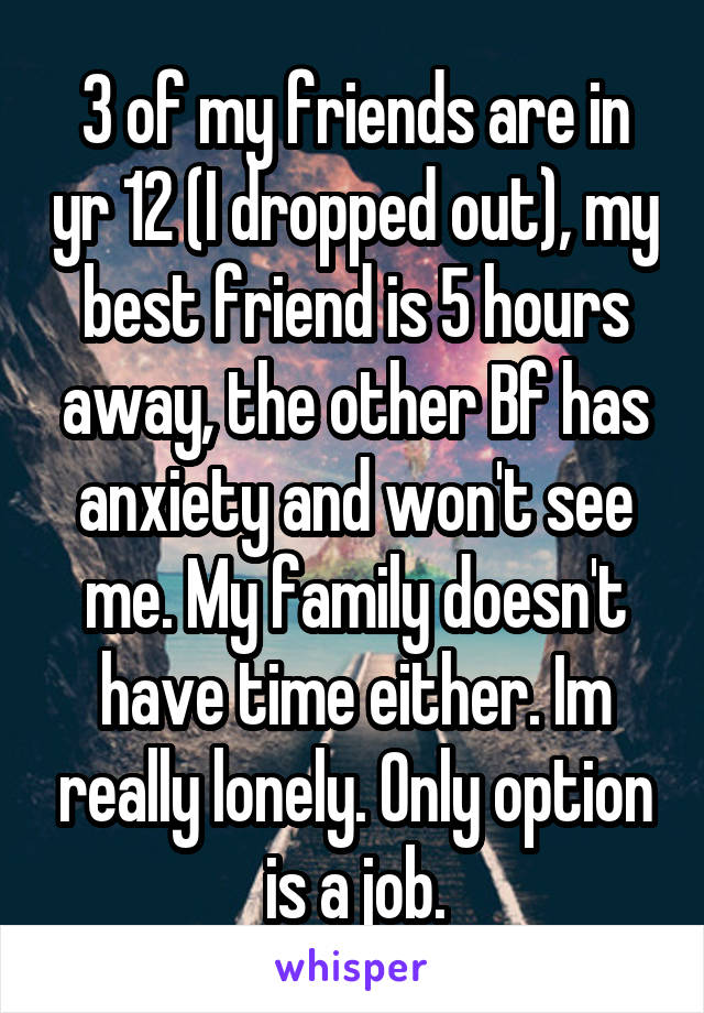 3 of my friends are in yr 12 (I dropped out), my best friend is 5 hours away, the other Bf has anxiety and won't see me. My family doesn't have time either. Im really lonely. Only option is a job.