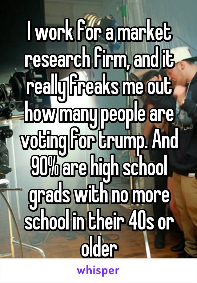 I work for a market research firm, and it really freaks me out how many people are voting for trump. And 90% are high school grads with no more school in their 40s or older