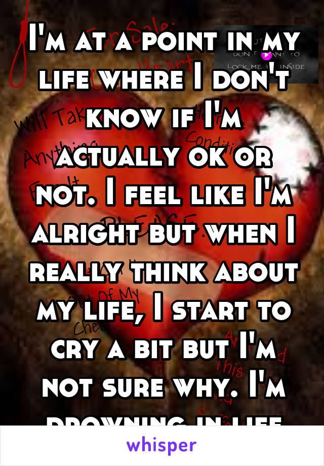 I'm at a point in my life where I don't know if I'm actually ok or not. I feel like I'm alright but when I really think about my life, I start to cry a bit but I'm not sure why. I'm drowning in life