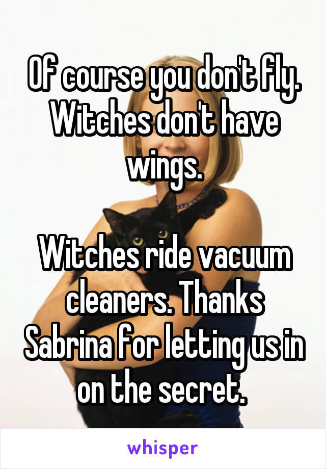 Of course you don't fly. Witches don't have wings.

Witches ride vacuum cleaners. Thanks Sabrina for letting us in on the secret. 