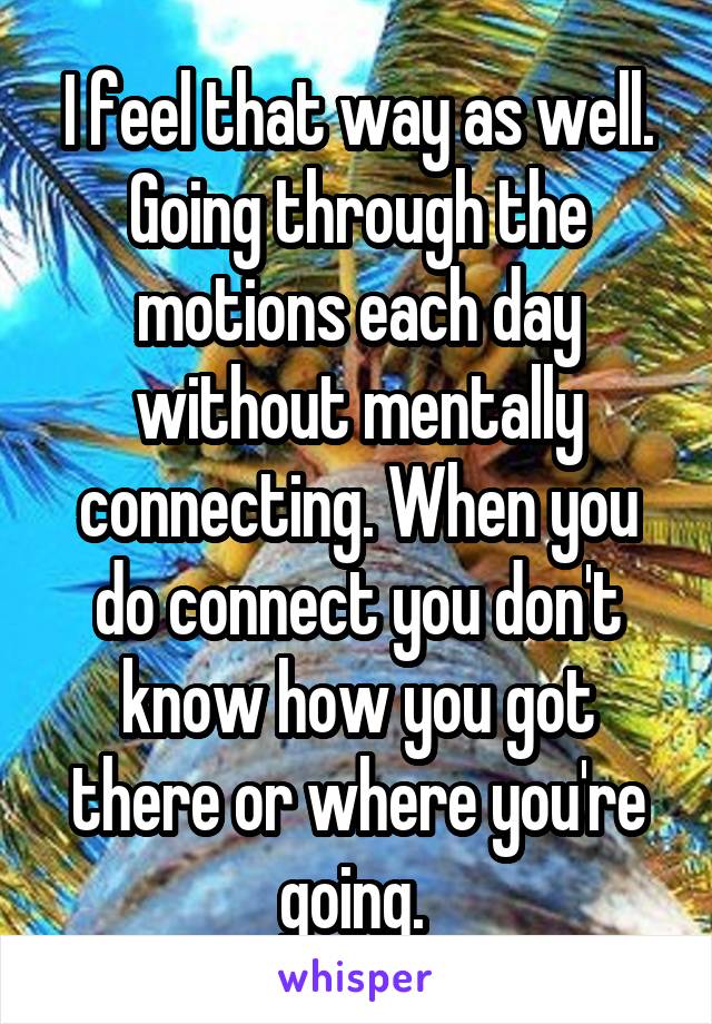 I feel that way as well. Going through the motions each day without mentally connecting. When you do connect you don't know how you got there or where you're going. 