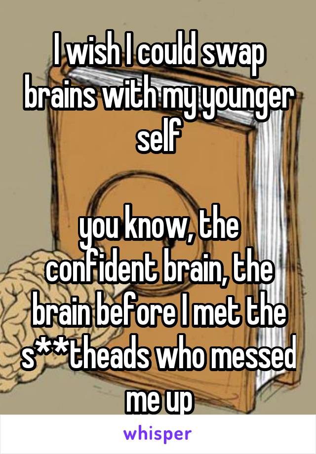 I wish I could swap brains with my younger self

you know, the confident brain, the brain before I met the s**theads who messed me up