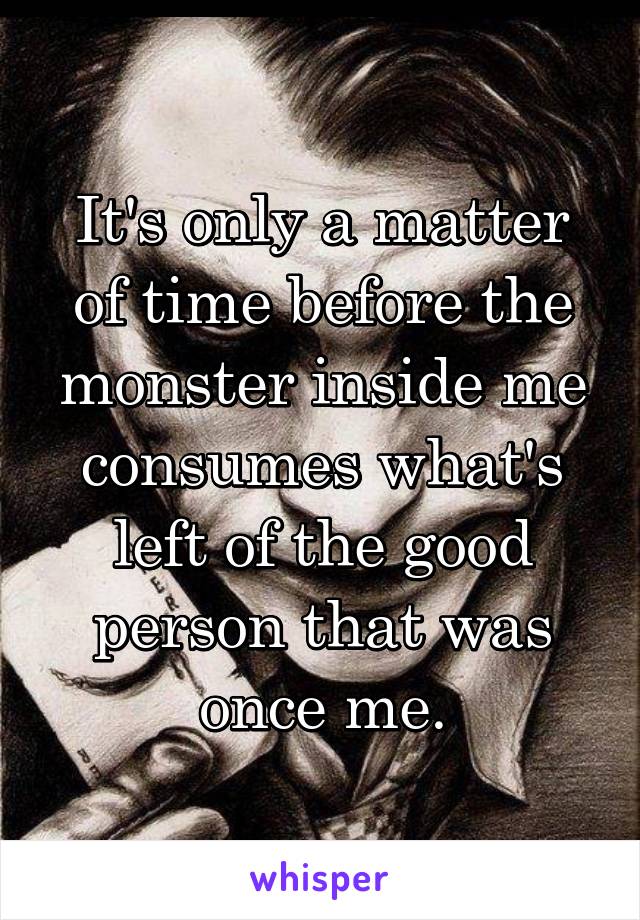 It's only a matter of time before the monster inside me consumes what's left of the good person that was once me.