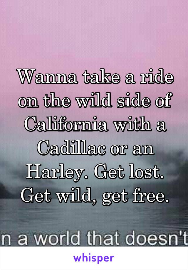 Wanna take a ride on the wild side of California with a Cadillac or an Harley. Get lost. Get wild, get free.