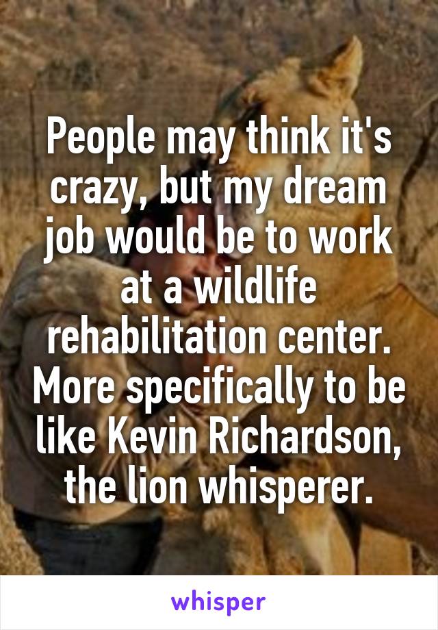 People may think it's crazy, but my dream job would be to work at a wildlife rehabilitation center. More specifically to be like Kevin Richardson, the lion whisperer.